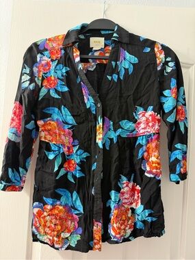 Maeve Anthropologie Black Floral Button-Front Women's Top Size 4